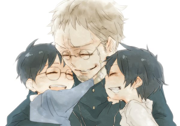 Anime picture 1111x780 with ao no exorcist a-1 pictures okumura rin okumura yukio fujimoto shirou chiba narita fringe short hair open mouth black hair blonde hair eyes closed grey hair mole multiple boys teeth hug happy eyebrows siblings