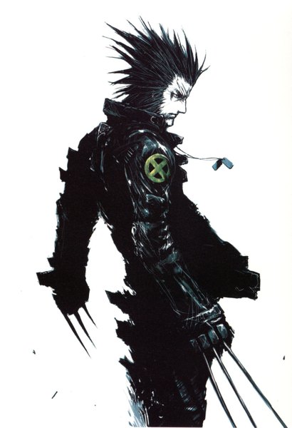 Anime picture 1024x1497 with x-men wolverine wolverine (character) nihei tsutomu single tall image short hair black hair simple background white background boy weapon jacket