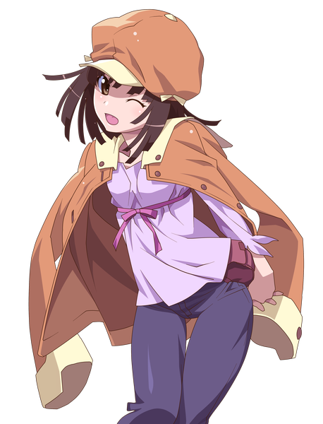 Anime picture 3240x4243 with bakemonogatari shaft (studio) monogatari (series) sengoku nadeko kokutou single tall image looking at viewer highres short hair open mouth brown hair brown eyes absurdres one eye closed wink transparent background vector girl headdress