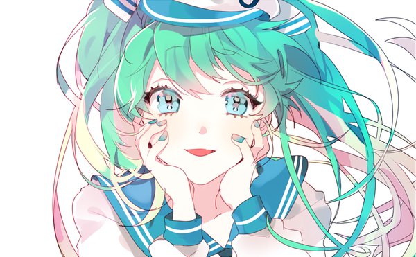 Anime picture 968x600 with vocaloid hatsune miku marine miku piyo (ppotatto) single long hair blush fringe open mouth blue eyes simple background wide image white background twintails nail polish wind aqua hair portrait hands on face multicolored nail polish