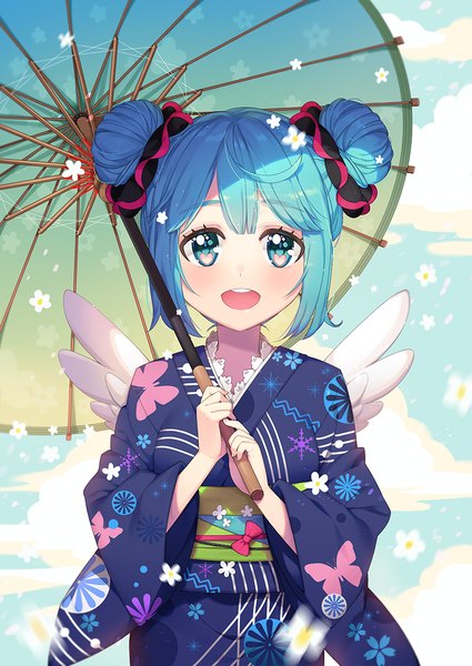 Anime picture 800x1129 with vocaloid hatsune miku ayami (annahibi) single tall image looking at viewer blush fringe short hair open mouth traditional clothes japanese clothes aqua eyes aqua hair hair bun (hair buns) symbol-shaped pupils alternate hairstyle heart-shaped pupils animal print butterfly print