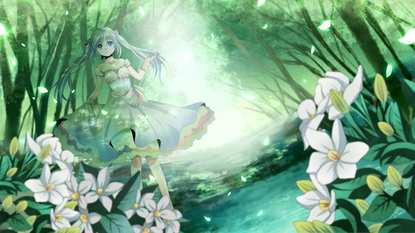 Anime picture 2300x1294 with vocaloid hatsune miku mariwai (marireroy) single long hair looking at viewer highres blue eyes wide image twintails aqua hair girl dress flower (flowers) plant (plants) petals tree (trees)