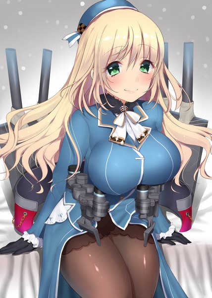 Anime picture 800x1121 with kantai collection atago heavy cruiser matarou (genkai toppa) single long hair tall image looking at viewer blush breasts light erotic blonde hair smile large breasts sitting green eyes snowing girl gloves weapon pantyhose