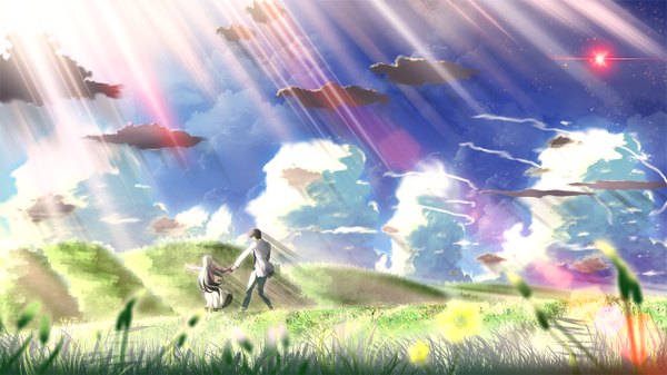 Anime picture 1280x720 with eden* minori skyt2 minori (artist) long hair wide image sky cloud (clouds) white hair sunlight couple landscape scenic field plant (plants) grass