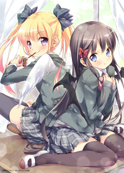 Anime picture 777x1087 with original ech long hair tall image fringe blue eyes black hair blonde hair smile sitting twintails purple eyes multiple girls bent knee (knees) pleated skirt looking back from behind back plaid skirt eating