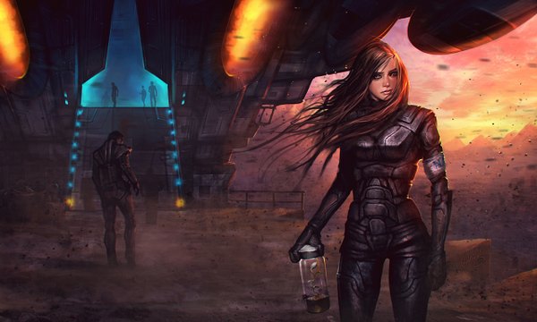 Anime picture 1280x768 with original 88grzes long hair brown hair wide image from behind destruction girl boy plant (plants) bodysuit pilot suit spacecraft