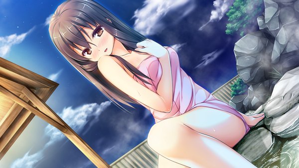 Anime picture 1280x720 with ano ko wa ore kara hanarenai giga sakurai yuzuki long hair blush light erotic black hair wide image brown eyes game cg cloud (clouds) naked towel girl towel onsen