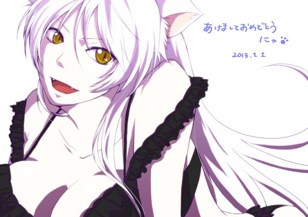 Anime picture 1068x756 with nekomonogatari shaft (studio) monogatari (series) hanekawa tsubasa black hanekawa long hair open mouth light erotic white background animal ears yellow eyes white hair cat ears teeth cat girl fang (fangs) girl