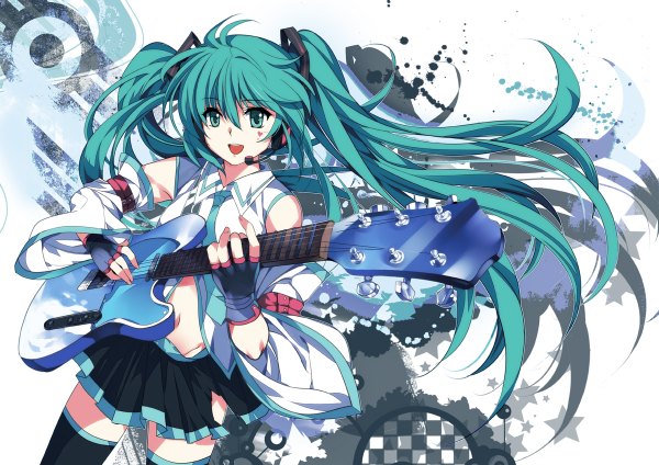 Anime picture 1200x848 with vocaloid hatsune miku pico (picollector79) single long hair looking at viewer open mouth smile twintails aqua eyes aqua hair girl thighhighs skirt gloves navel black thighhighs detached sleeves miniskirt headphones