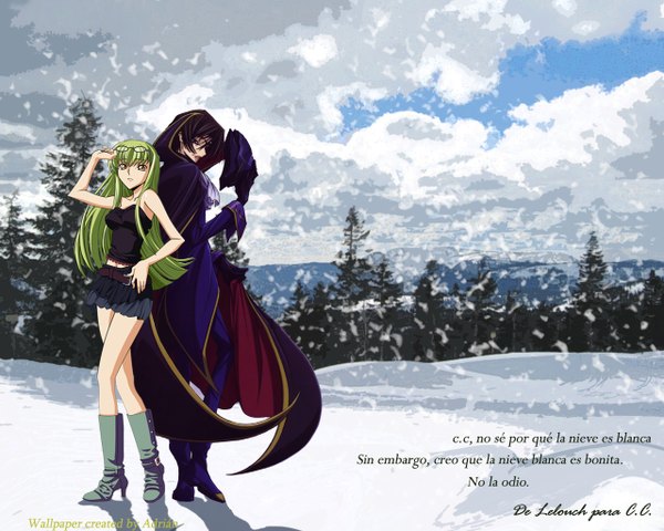 Anime picture 1280x1024 with code geass sunrise (studio) c.c. lelouch lamperouge long hair looking at viewer fringe short hair standing purple eyes yellow eyes green hair inscription snowing winter snow back to back glasses on head girl boy