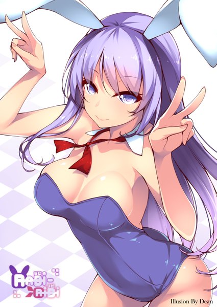 Anime picture 2149x3035 with rabi-ribi erina (rabi-ribi) dean single long hair tall image looking at viewer fringe highres breasts light erotic purple eyes animal ears purple hair light smile bunny ears arched back girl bunnysuit