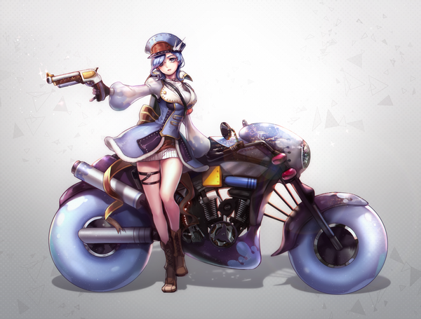 Anime picture 1500x1138 with original terong single fringe short hair blue eyes blue hair hair over one eye girl dress weapon boots gun peaked cap motorcycle