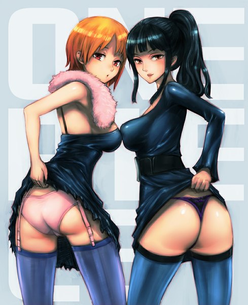 Anime picture 815x1000 with one piece one piece: strong world toei animation nami (one piece) nico robin boyaking(sbf) long hair tall image looking at viewer blush short hair breasts light erotic black hair red eyes multiple girls brown eyes ponytail orange hair skirt lift