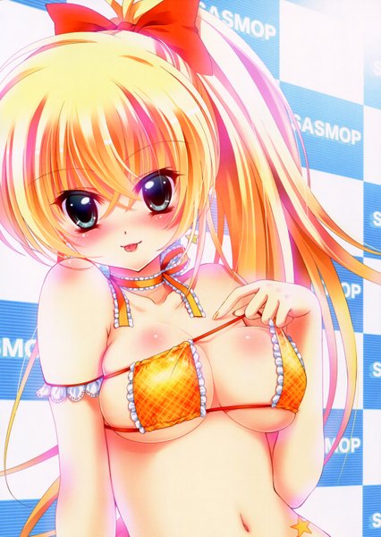 Anime picture 2131x3002 with original pon (ichi rin) single long hair tall image blush fringe highres breasts blue eyes light erotic blonde hair cleavage ponytail skindentation :p checkered checkered background bikini pull girl