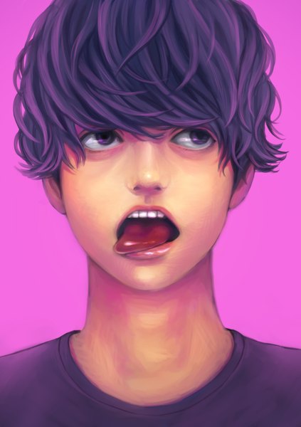 Anime picture 1165x1654 with original shinoda single tall image fringe short hair open mouth simple background purple eyes looking away purple hair teeth portrait wavy hair pink background face purple background boy tongue t-shirt
