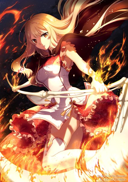 Anime picture 750x1061 with tales of (series) rosuuri single long hair tall image looking at viewer fringe breasts light erotic blonde hair holding brown eyes signed ahoge bent knee (knees) parted lips wind night shadow from below