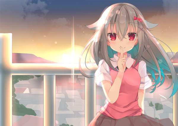 Anime picture 1457x1035 with original satsuki mayuri single long hair looking at viewer fringe smile hair between eyes red eyes sky outdoors pleated skirt multicolored hair wind grey hair sunlight aqua hair two-tone hair finger to mouth gradient hair