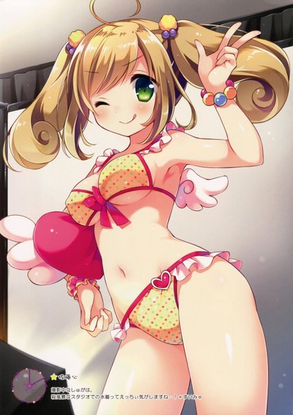 Anime picture 2122x3004 with idolmaster idolmaster cinderella girls satou shin suimya single tall image blush fringe highres short hair light erotic blonde hair twintails green eyes payot ahoge one eye closed wink scan underboob