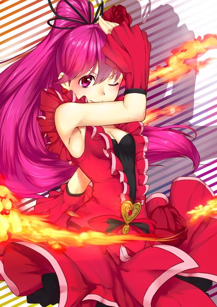 Anime picture 2480x3507 with precure happinesscharge precure! toei animation aino megumi cure lovely cru single long hair tall image highres purple eyes purple hair ponytail one eye closed wink girl dress detached sleeves fire