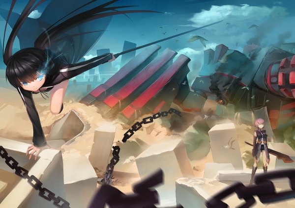 Anime picture 1488x1052 with black rock shooter black rock shooter (character) black gold saw short hair blue eyes black hair twintails multiple girls pink hair sky cloud (clouds) looking back glowing glowing eye (eyes) ruins destruction jpeg artifacts girl weapon 2 girls