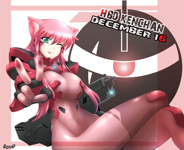 Anime picture 1111x911 with original haganef single long hair looking at viewer breasts light erotic large breasts animal ears pink hair one eye closed aqua eyes wink girl weapon tongue gun bodysuit assault rifle