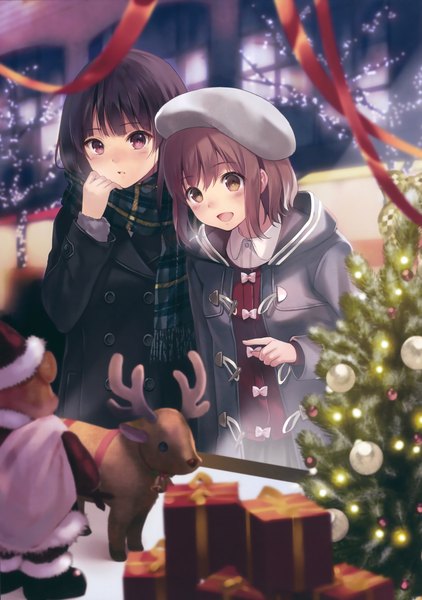 Anime picture 2674x3800 with original fukahire (ruinon) long hair tall image blush highres short hair open mouth black hair red eyes brown hair multiple girls brown eyes scan girl 2 girls jacket scarf beret gift