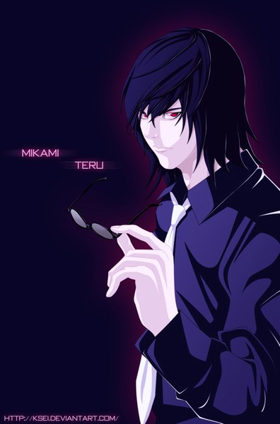 Anime picture 1024x1550 with death note madhouse mikami teru ksei single tall image short hair black hair simple background red eyes inscription coloring boy shirt glasses necktie black shirt