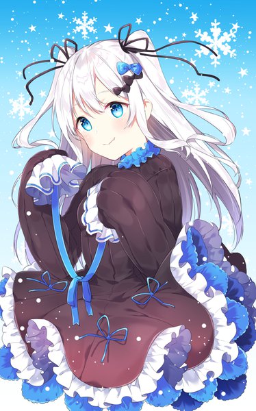 Anime picture 561x900 with original chitetan single long hair tall image blush fringe blue eyes smile hair between eyes holding looking away silver hair long sleeves fang (fangs) two side up gradient background snowing frilled dress girl