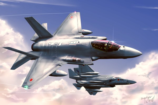 Anime picture 2400x1600 with original zephyr164 highres signed sky cloud (clouds) flying landscape pilot weapon airplane jet f-35