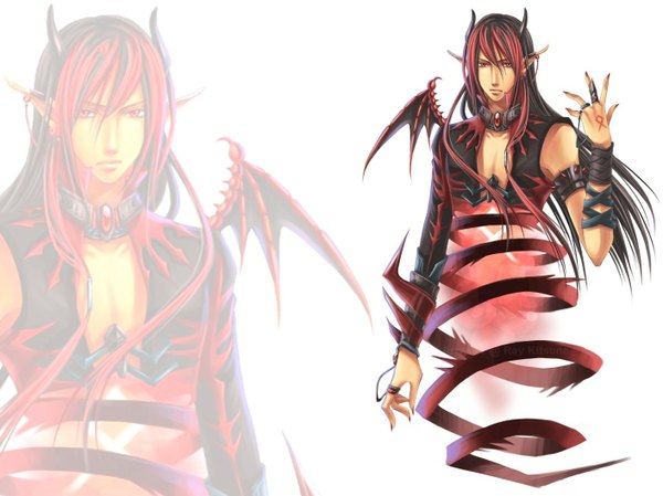 Anime picture 1411x1058 with raykit single long hair looking at viewer black hair red eyes bare shoulders brown eyes red hair multicolored hair horn (horns) pointy ears two-tone hair tattoo magic smoke bat wings zoom layer demon demon boy