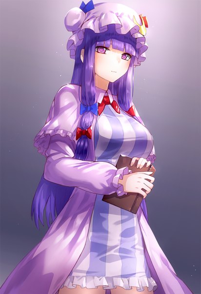 Anime picture 735x1070 with touhou patchouli knowledge kfr single long hair tall image looking at viewer blush fringe simple background smile purple eyes purple hair blunt bangs striped girl dress hair ornament bow hair bow