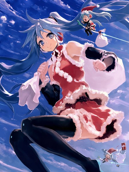 Anime picture 1200x1600 with vocaloid hatsune miku hachune miku chibi miku bob (biyonbiyon) long hair tall image blue eyes smile twintails blue hair sky cloud (clouds) girl thighhighs skirt black thighhighs detached sleeves miniskirt headphones