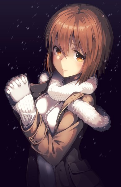 Anime picture 761x1168 with idolmaster hagiwara yukiho narumi arata single tall image looking at viewer blush fringe short hair hair between eyes brown hair brown eyes light smile from above open jacket fur trim black background snowing winter shaded face