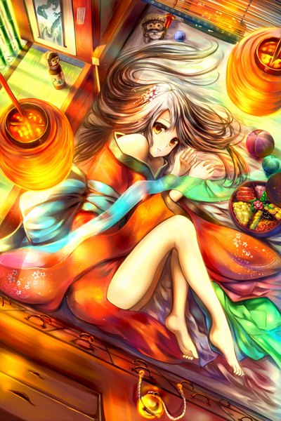 Anime picture 1500x2245 with original sakura ani long hair tall image black hair yellow eyes traditional clothes japanese clothes barefoot legs girl food kimono obi bell lantern obento