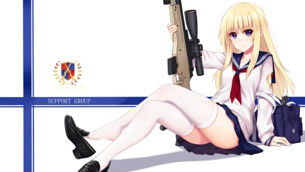 Anime picture 5806x3299 with original allenes single long hair looking at viewer highres blue eyes light erotic blonde hair wide image sitting absurdres crossed legs girl thighhighs skirt uniform weapon school uniform miniskirt
