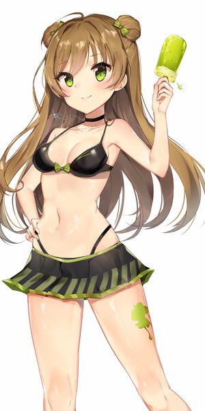 Anime picture 2048x4096 with girls frontline rfb (girls frontline) bada (jksh5056) single long hair tall image looking at viewer blush fringe highres light erotic simple background smile brown hair standing white background holding green eyes ahoge arm up