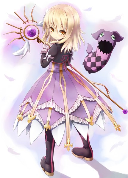 Anime picture 1075x1500 with tales of (series) tales of xillia elize lutus tipo (xillia) hiiragi hajime single tall image short hair blonde hair looking back orange eyes girl dress staff