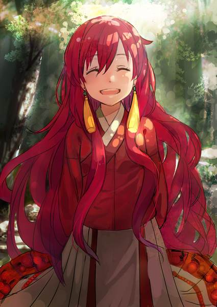 Anime picture 1102x1557 with akatsuki no yona studio pierrot yona (akatsuki no yona) object spring single long hair tall image blush fringe open mouth standing red hair eyes closed traditional clothes japanese clothes happy hands behind back ^ ^ ^o^ girl