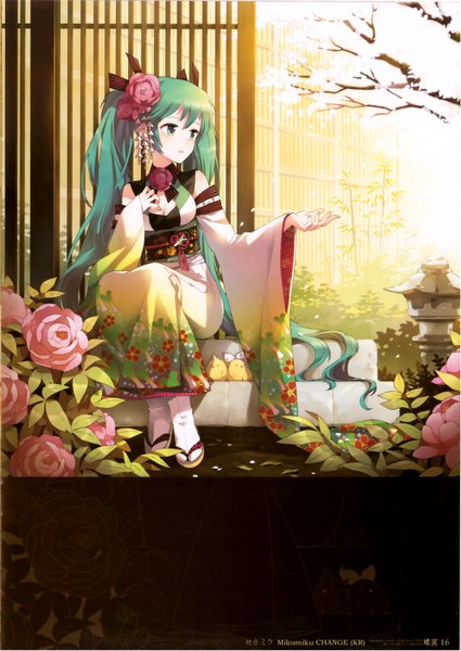 Anime picture 2132x3009 with vocaloid hatsune miku kagamine rin kagamine len nardack single long hair tall image highres sitting twintails green eyes traditional clothes japanese clothes hair flower green hair scan arms up alternate costume cherry blossoms