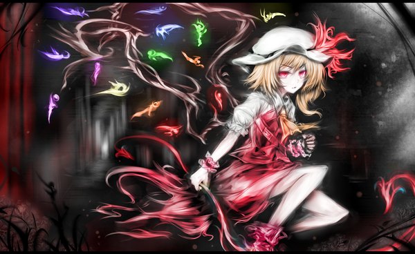 Anime picture 1500x920 with touhou flandre scarlet acryl (artist) single short hair blonde hair red eyes wide image girl dress weapon wings frills bonnet ascot laevatein (touhou)