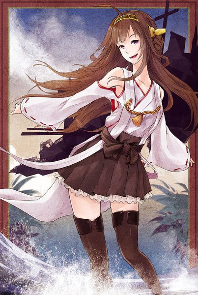 Anime picture 1200x1786 with kantai collection kongou battleship w-hosrising single long hair tall image open mouth smile brown hair purple eyes ahoge traditional clothes japanese clothes border spread arms nontraditional miko girl thighhighs skirt detached sleeves