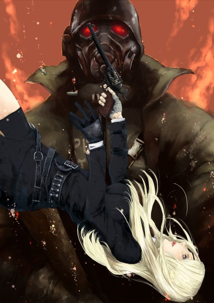 Anime picture 1748x2480 with fallout fallout: new vegas 1ji45fun long hair tall image fringe highres breasts blonde hair holding lips grey eyes girl boy gloves weapon black gloves belt gun suit