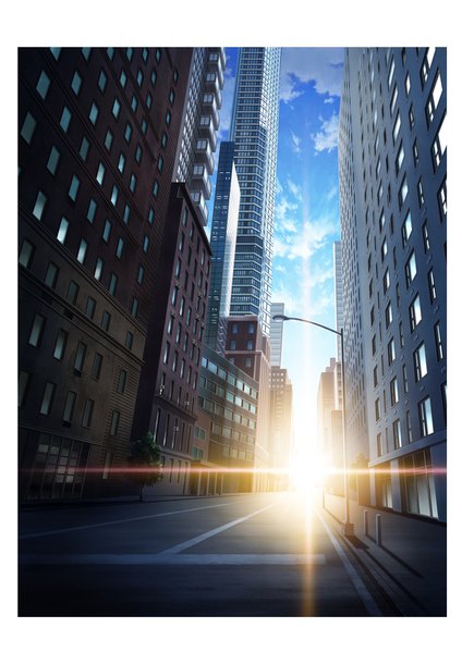 Anime picture 1158x1637 with original hariken tall image sky cloud (clouds) outdoors sunlight city light no people framed sunbeam street morning sunrise building (buildings) sun road skyscraper lamppost