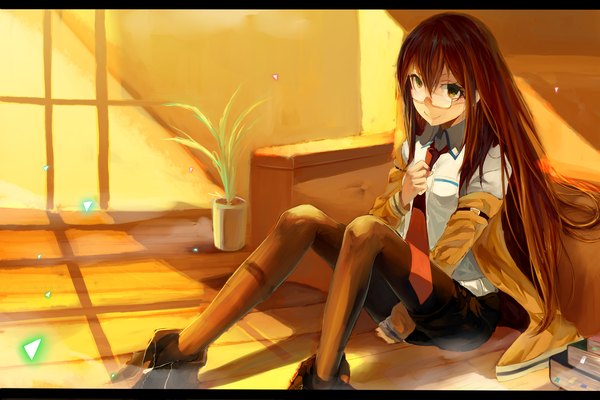 Anime picture 3000x2000 with steins;gate white fox makise kurisu hajime kaname single long hair highres smile brown hair letterboxed multicolored eyes girl plant (plants) glasses necktie