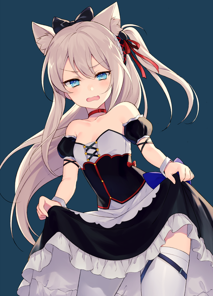 Anime picture 848x1177 with azur lane hammann (azur lane) achiki single long hair tall image looking at viewer blush fringe open mouth blue eyes simple background hair between eyes bare shoulders holding animal ears silver hair cat ears from below short sleeves