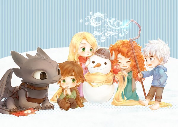 Anime picture 1771x1265 with rise of the guardians tangled how to train your dragon brave dreamworks jack frost (rise of the guardians) rapunzel toothless hiccup horrendous haddock iii merida mi (pixiv1180968) long hair highres short hair blue eyes blonde hair smile brown hair standing sitting