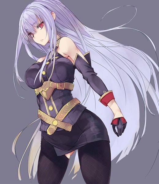 Anime picture 902x1042 with valkyria chronicles selvaria bles minchi (lordofthemince) single long hair tall image looking at viewer fringe light erotic simple background red eyes bare shoulders purple hair grey background girl skirt gloves detached sleeves miniskirt black gloves