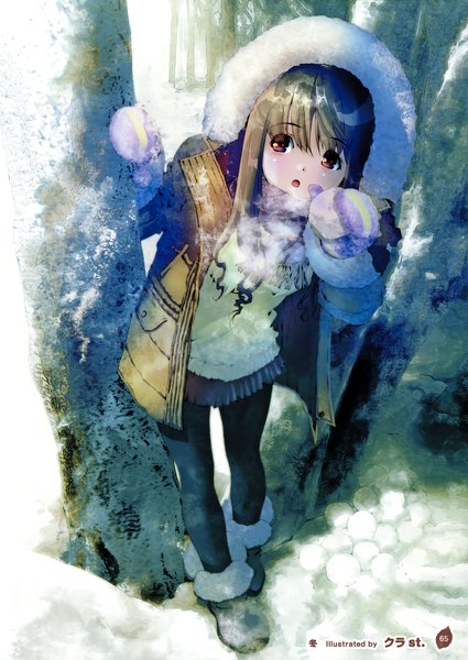 Anime picture 2552x3600 with girls, girls, girls! 10 (artbook) tagme (artist) single long hair tall image looking at viewer highres open mouth red eyes brown hair scan official art snowing winter exhalation girl jacket hood mittens