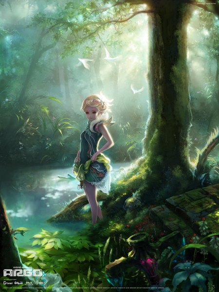 Anime picture 1500x2000 with argo online (game) kick433 (artist) single tall image short hair blonde hair standing bare shoulders brown eyes looking away pointy ears elf girl dress plant (plants) animal tree (trees) water bird (birds) grass