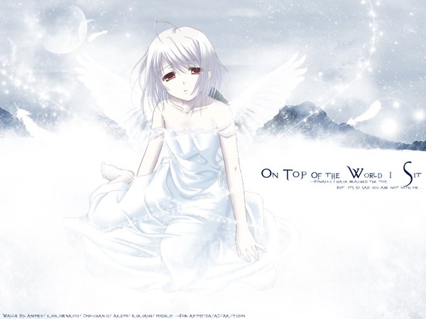 Anime picture 1600x1200 with white clarity short hair red eyes bare shoulders ahoge white hair inscription girl wings moon